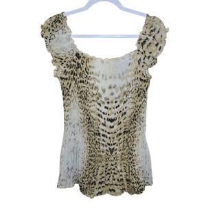 Y2K Animal Print Pleated Peplum Top M Ruffle Cap Sleeve Slinky Boho Chic Peasant